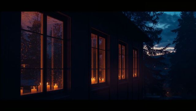 Elegant Candlelit Windows Create Warm Ambiance at Dusk