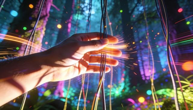 Male hand reaching and touching glowing fiber strands in bioluminescent forest with sparks