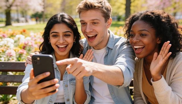 Three friends laughing and waving at smartphone on park bench amid spring flowers