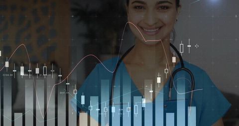 Smiling indian clinician wearing blue scrubs with financial charts overlay for healthcare