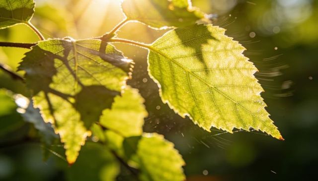 Glowing backlit serrated leaf revealing intricate veins and spider silk in golden sunlight