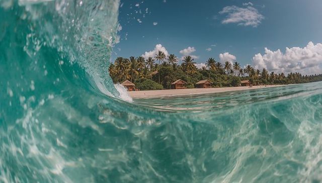 Curling Wave Unveiling Tropical Paradise with Palm-Lined Beach