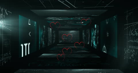 Futuristic Display with Floating Hearts and Technology Elements