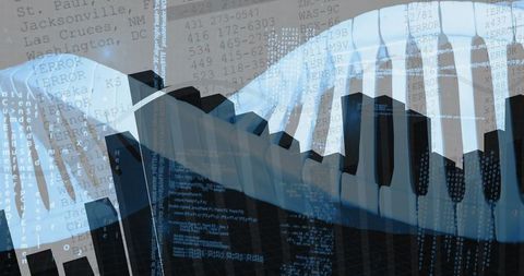 Abstract data visualization with coding elements and digital waves