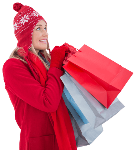 Happy Woman in Winter Clothing Holding Shopping Bags, Transparent Background