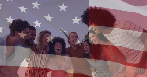 Diverse Young Friends Celebrating with American Flag Overlay