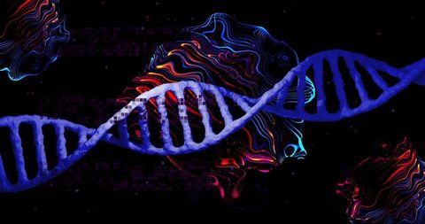 Neon dna helix crossing cybernetic human profiles in futuristic genomics and ai concept