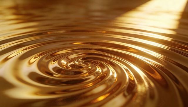 Golden liquid vortex creating reflective spiral ripples with warm metallic highlights