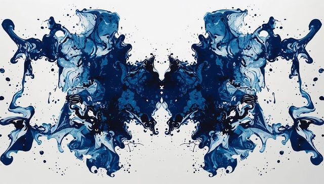 Mirrored blue ink splash creating rorschach-style symmetry on white canvas
