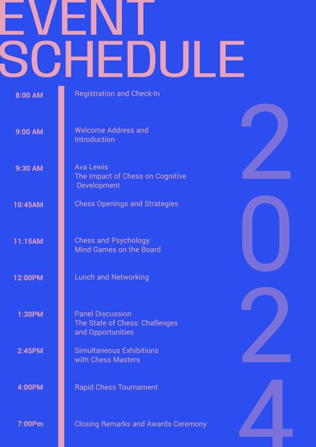 This event schedule template for 2024 is ideal for academic and technology conferences. It includes session times, speaker highlights, and activity details with a focus on chess and cognitive development. The modern design with a clear timeline helps organizers and attendees stay informed about keynotes, panels, networking opportunities, and exhibitions. Use this for organizing professional events, sharing with participants, and enhancing overall event experience.