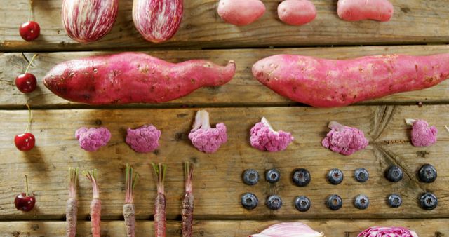 Assorted Pink and Purple Vegetables and Fruits on Rustic Wooden Table - Download Free Stock Images Pikwizard.com