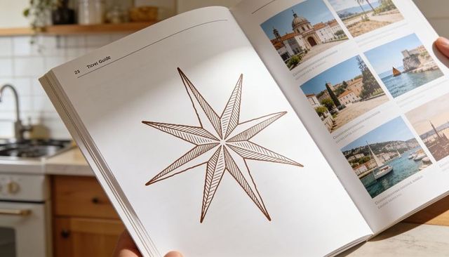 Hand holding open travel guide displaying 8-point compass rose and coastal photo grid