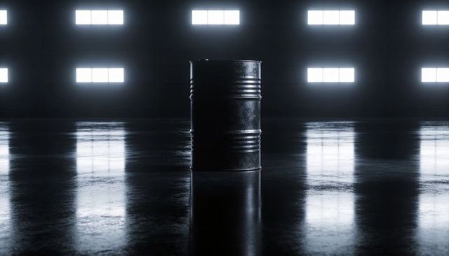 Backlit Steel Drum Standing on Polished Concrete Floor in Dark Industrial Warehouse