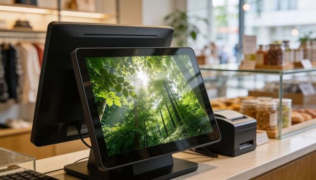 Bakery touchscreen pos displaying forest scene at checkout with pastry display and plants