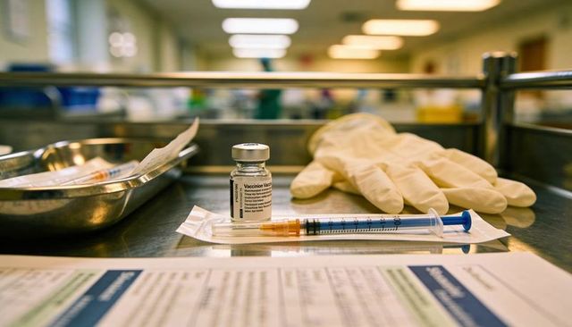 Preparing vaccine prep station with prefilled syringe, vial and gloves on stainless counter