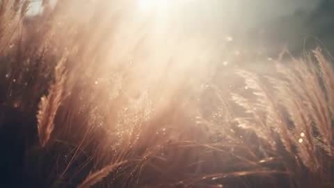 Sunlight streaming through swaying meadow grass at golden hour with dewy bokeh