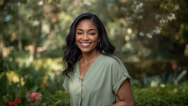 Smiling Woman Enjoying Peace in Lush Garden