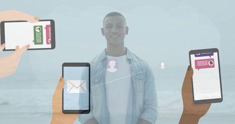 Man on Beach Surrounded by Messaging Icons and Smartphones - Download Free Stock Images Pikwizard.com