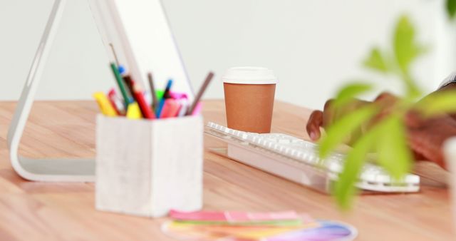 Creative Workspace with Colorful Supplies and Coffee Cup - Download Free Stock Images Pikwizard.com