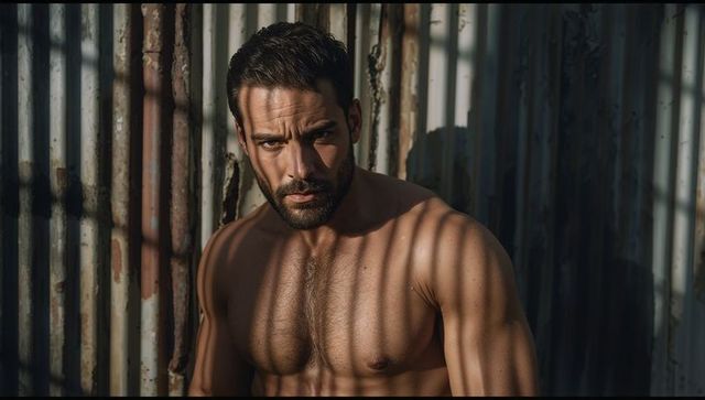 Muscular shirtless male model posing against corrugated metal wall with dramatic shadows