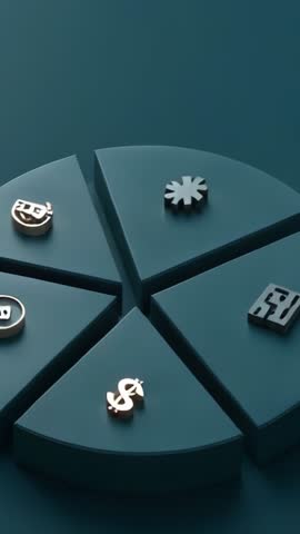 Spinning teal pie chart with currency and code icons for fintech investment analytics intro