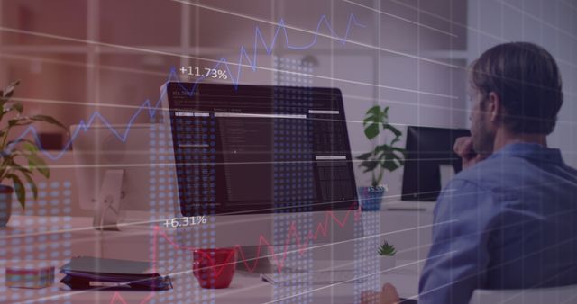 Business professional analyzing data on a computer screen overlayed with a stock market graph. Ideal for presentations, financial reports, business websites, and articles on market trends, investments, and economic growth.