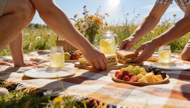 Couple arranging sandwiches on picnic blanket in wildflower meadow with lemonade, fruit