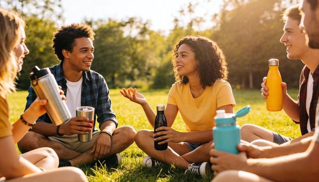 Friends sitting on grass chatting and drinking from reusable bottles during golden hour