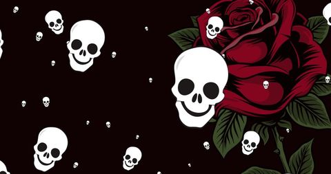 Surreal red rose and falling skulls on black background
