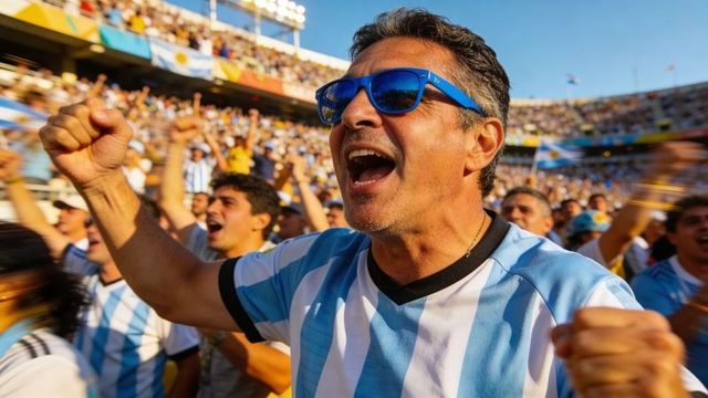 Passionate argentina football fan cheering in stadium wearing blue sunglasses and jersey