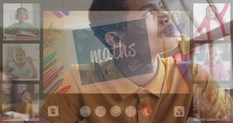 Diverse students engaged in virtual math class on digital screens