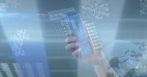 Transparent smartphone displaying holographic data panels and futuristic analytics