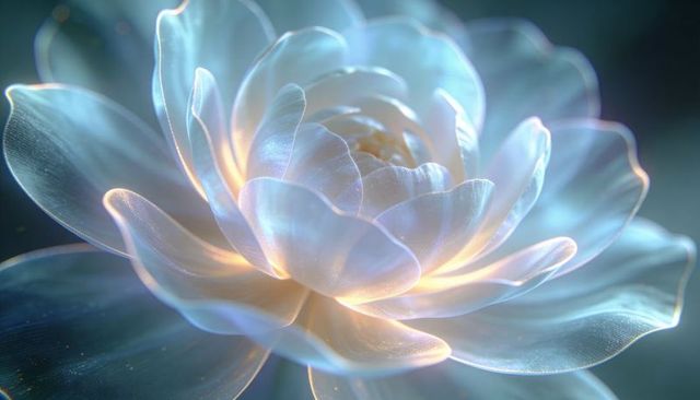Iridescent Translucent Blossom with Veined Petals and Luminous Amber Core, Rim-Lit Macro