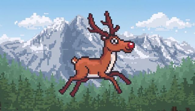 Leaping pixel art reindeer with red nose over snowy mountains and pine forest retro sprite