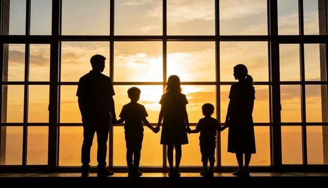 Silhouetted multigenerational family standing hand-in-hand at sunset by panoramic window