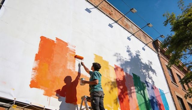 Urban artist painting large colorful mural on outdoor wall with ladder and floodlights