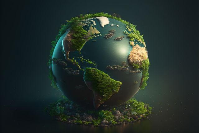 Globe with overgrowing green plants on black background, created using generative ai technology. Earth day and ecology concept digitally generated image.