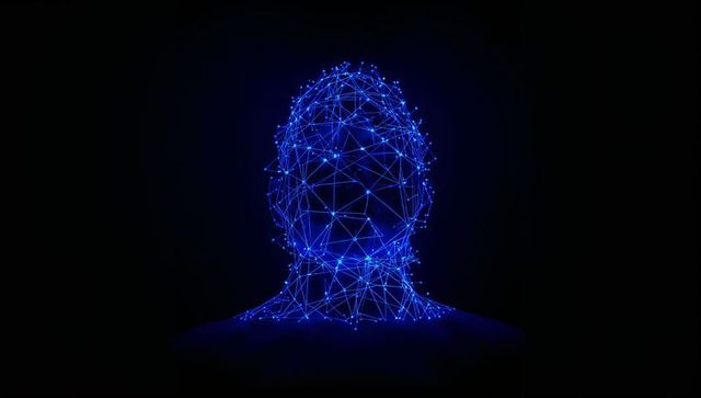 Futuristic digital wireframe human head glowing blue neural network mesh and nodes