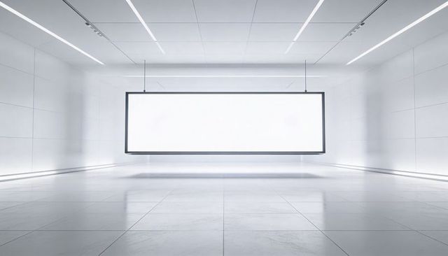 Hanging illuminated lightbox in minimalist white gallery displaying blank display panel