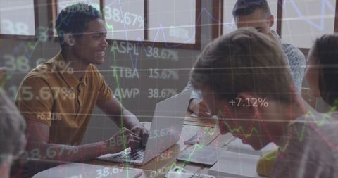 Diverse Students Discussing Stock Market Data Analysis Together