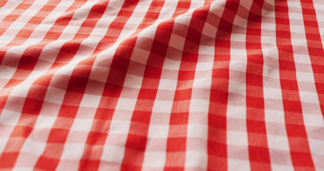 Close up of red and white checkered blanket with copy space. Picnic day, food and nature concept.