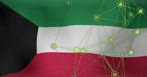 Kuwait Flag with Neon Network Overlay Featuring Fintech Icons and Data Connectivity