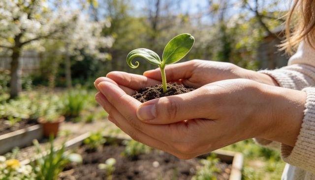 Cupped Hands Holding Seedling in Sunlit Garden Nurturing New Plant Growth and Sustainability