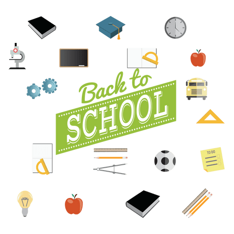 Back to school text with educational icons on transparent background