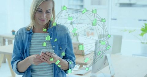 Finance Data Network Concept with Happy Woman on Smartphone