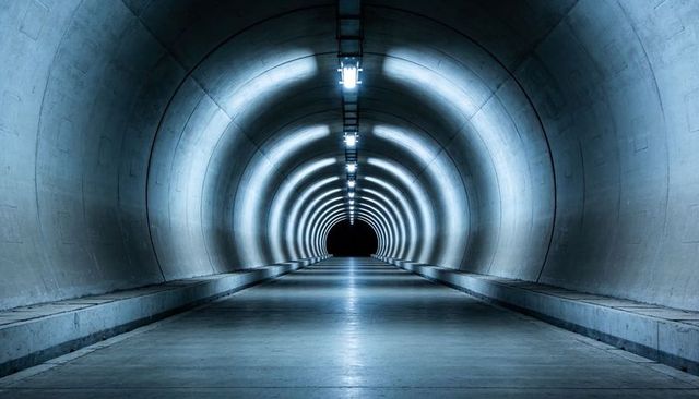 Concrete Tunnel Running Toward Dark Vanishing Point With Cool Blue Lighting