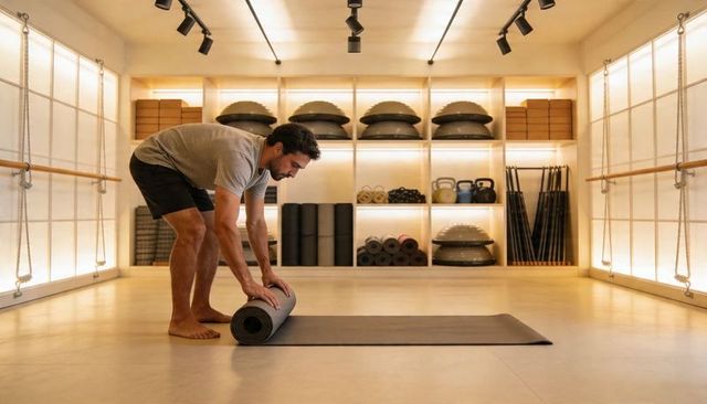 Man rolling yoga mat in minimalist studio with bosu trainers and barre