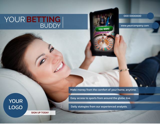 Smiling Woman Celebrating Online Betting Win on Tablet at Home - Download Free Stock Templates Pikwizard.com