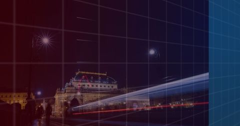 Digital data streams over urban cityscape at night