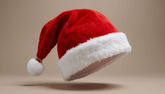 Floating Red Velvet Santa Hat with Plush White Faux-Fur Trim and Gold Ring